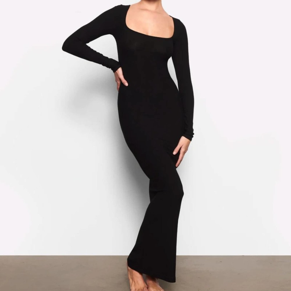 SKIMS Soft Lounge Long Sleeve Dress in Onyx Size Medium